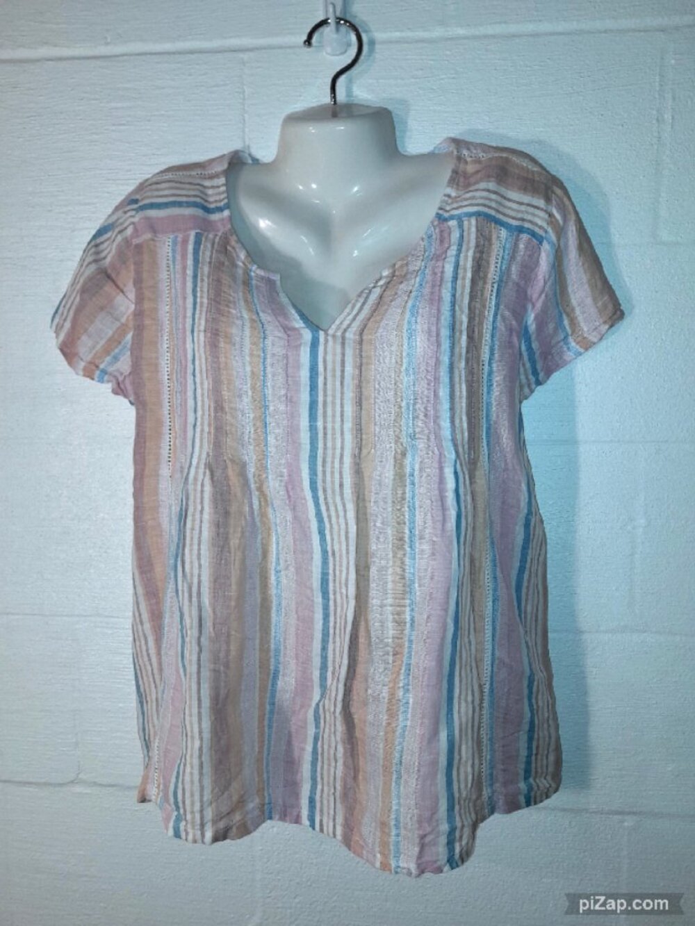 C&C California 100% Linen Pastel Striped Short Sleeve Blouse Top Pleated Women L - Picture 2 of 7